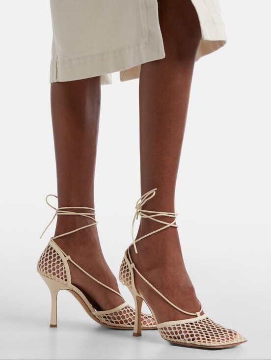 Bottega Veneta Shoes - Bottega Veneta White Fishnet Lace-Up Stiletto Heels Size 7.5